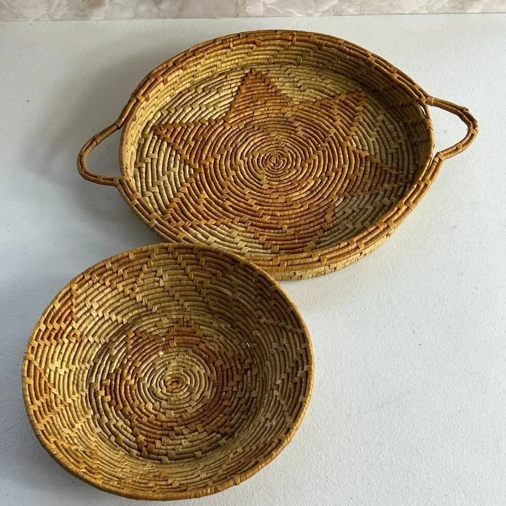 Set of 2 Round Coiled Woven Natural Baskets Double Handles Decor